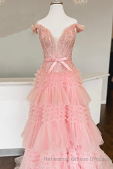 Off the Shoulder Red Appliques Tiered Long Semi Formal Prom Dress